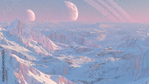 D rendered space art features an alien planet with a fantasy landscape, blue skies, and stars