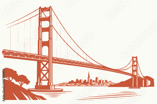 145 suspension bridge, golden gate bridge, orange architecture, minimalist illustration, architectural landmark, iconic san francisco landmark