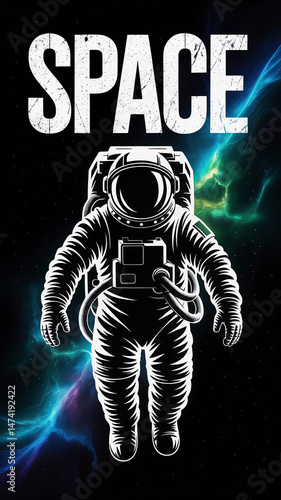 The astronaut is alone in space, conveying a sense of isolation, the word SPACE is powerfully displayed