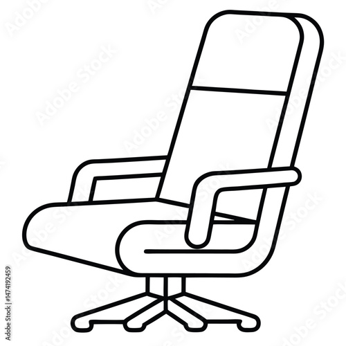 A minimalist line drawing of an ergonomic office chair featuring a high backrest, curved armrests and a five-point base with wheels. The chair is designed for comfort with a slightly reclined position