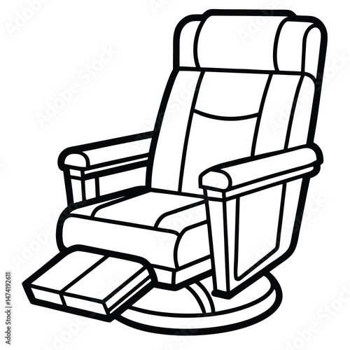A detailed illustration of a reclining chair with armrests and a footrest. The chair features a high back with padded upholstery and is mounted on a circular base, suggesting comfort and relaxation. 