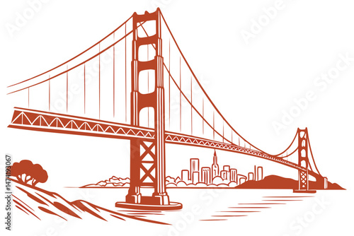 145 suspension bridge, golden gate bridge, orange architecture, minimalist illustration, architectural landmark, iconic san francisco landmark