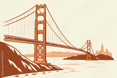 145 suspension bridge, golden gate bridge, orange architecture, minimalist illustration, architectural landmark, iconic san francisco landmark