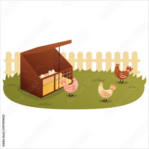 Vector illustration of a home chicken coop in the backyard