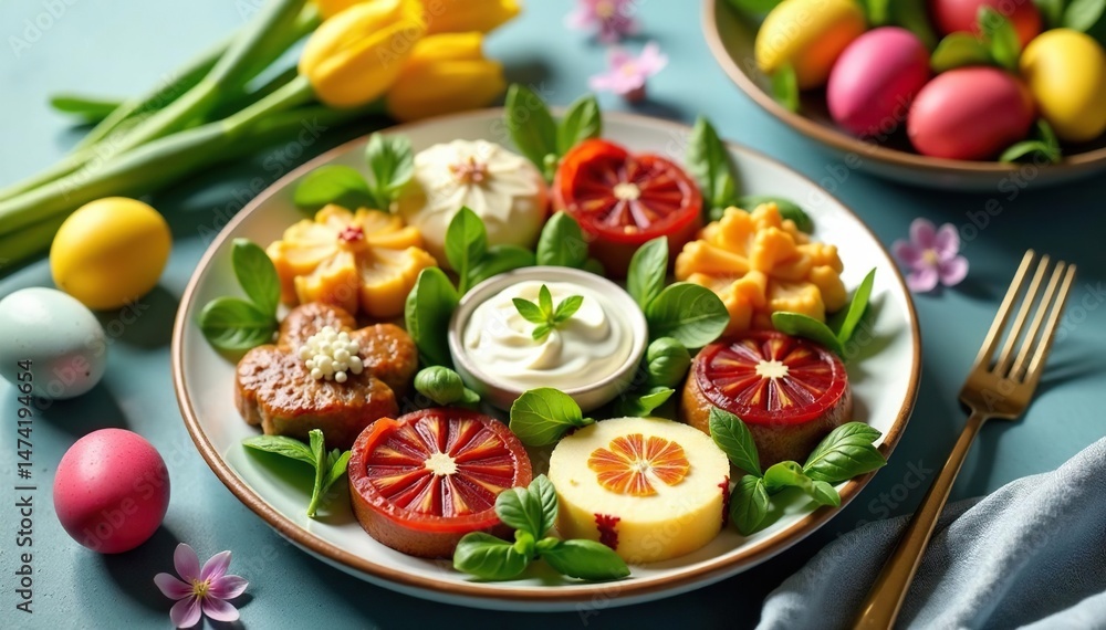 Festive Passover Seder plate alongside Easter eggs and spring flowers A beautiful blend of spring and Passover traditions , holiday table, vibrant, colorful Festive Passover Seder plate alongside Easter eggs and spring flowers A beautiful blend of spring and Passover traditions , holiday table, vibrant, colorful