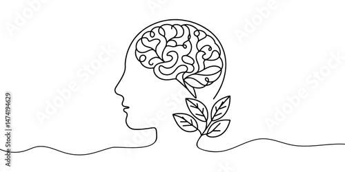 One continuous line drawing of human head with plant inside. Mental health and psychology vector concept. Creative ideas, grow up, positive thinking and self care. Growth mindset skills illustration