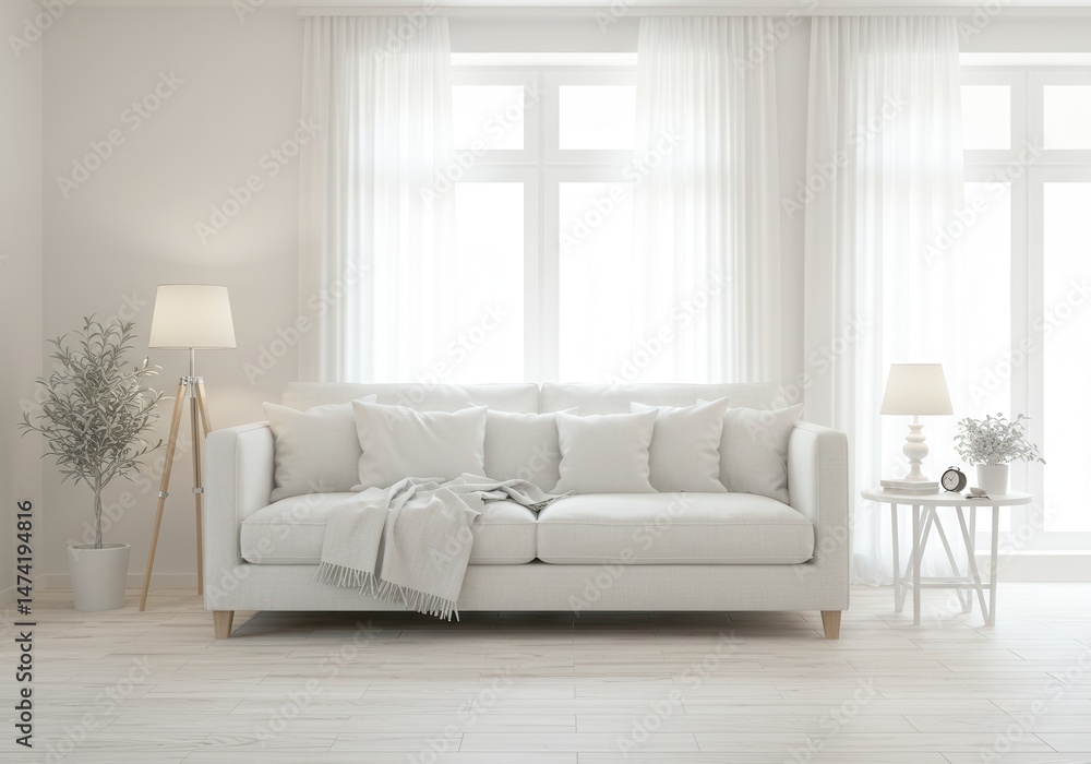 Bright living room interior with white sofa, table, lamp, and potted plant Bright living room interior with white sofa, table, lamp, and potted plant