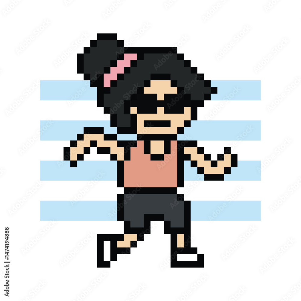 Fototapeta premium Pixel cartoon run exercise cute cartoon 8bit character woman lady run running jog cardio lifestyle decoration life style 8 bit female jog marathon exercise game 8 bit game vector.