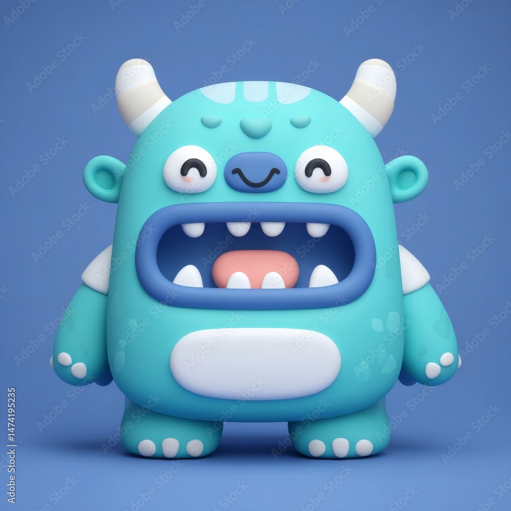 Fototapeta premium A whimsical children's illustration on a white background showcases a cute cartoon alien, depicted as a 3D monster character with a big smile, large teeth, and a wide open mouth, making for a