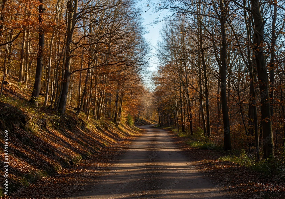 Obraz premium Road through autumn forest with bare trees and fallen leaves on the ground