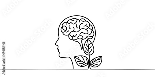 One continuous line drawing of human head with plant inside. Mental health and psychology vector concept. Creative ideas, grow up, positive thinking and self care. Growth mindset skills illustration