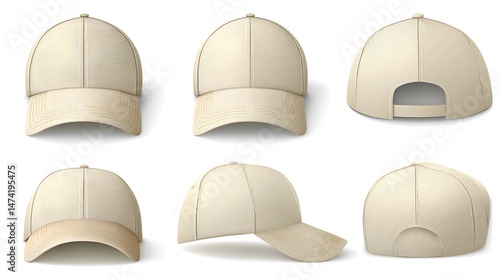 Cream Baseball Cap: 3D Render, All Angles