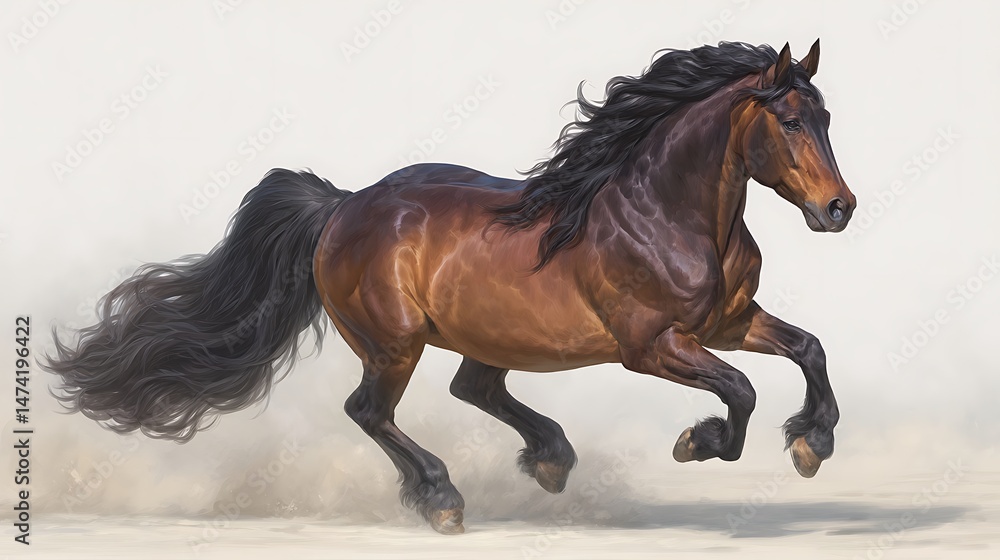 Obraz premium Majestic Bay Horse Galloping with Dust Trails, and White Background.