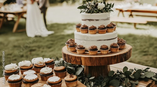 Rustic wedding tiered cake and cupcakes