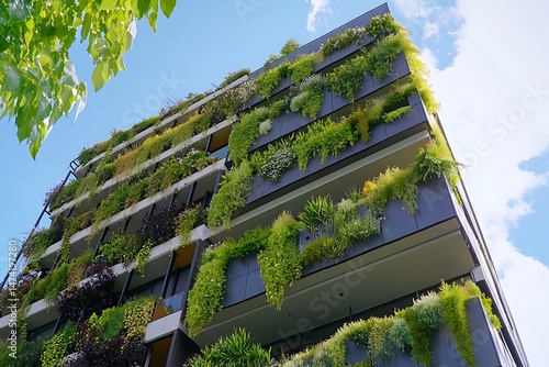 Exterior of modern building with green plants at night