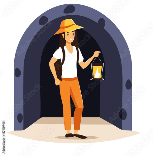 Cave Explorer Woman with Lantern and Flashlight on Adventure

