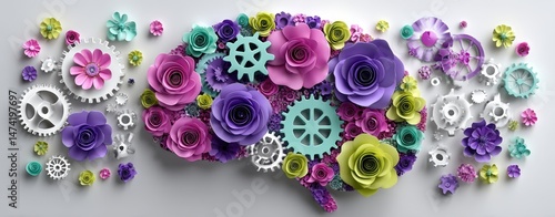A vibrant depiction of the brain featuring gears and flowers, symbolizing mental health, cognitive wellness, and creativity