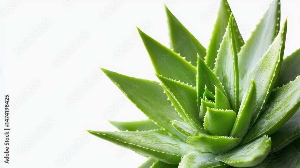 Fototapeta premium Close up of a fresh, green aloe vera plant against white. Useful for health, beauty, and wellness related projects.