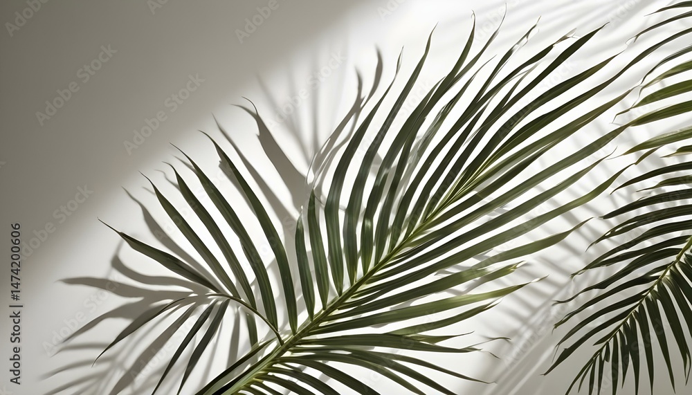 Obraz premium Palm fronds with strong shadows on a white backdrop, perfect for summer themed designs.