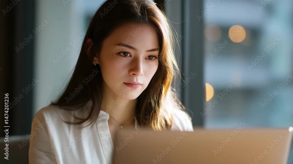 ノートパソコンで作業をする日本人女性 ノートパソコンで作業をする日本人女性