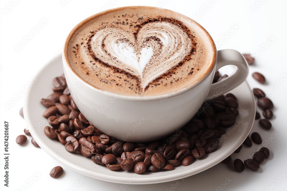 Heart-shaped latte art in coffee cup with roasted beans, isolated on transparent background for café branding, espresso design, breakfast visuals, hot beverage marketing, and product mockups. Heart-shaped latte art in coffee cup with roasted beans, isolated on transparent background for café branding, espresso design, breakfast visuals, hot beverage marketing, and product mockups.