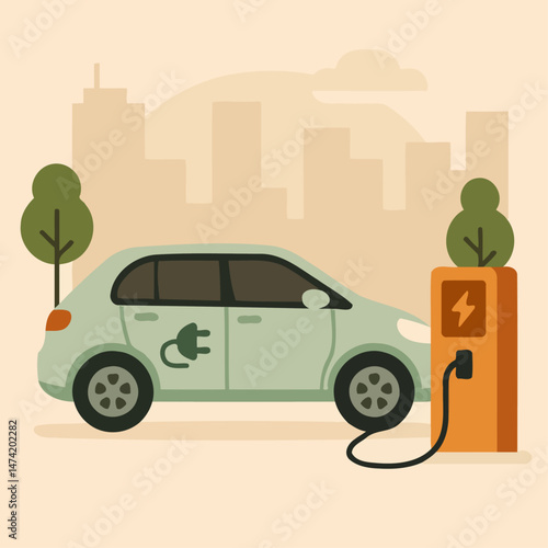 Flat-style vector illustration of an electric car charging at a public station in an urban area, with a city skyline in the background, symbolizing clean energy, modern transportation, and sustainable
