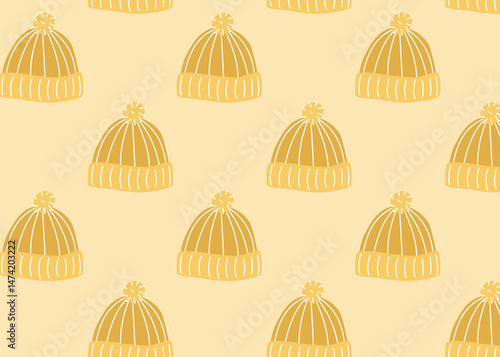 Seamless yellow knit hat background, winter pattern with pom-poms for fabrics and seasonal decoration