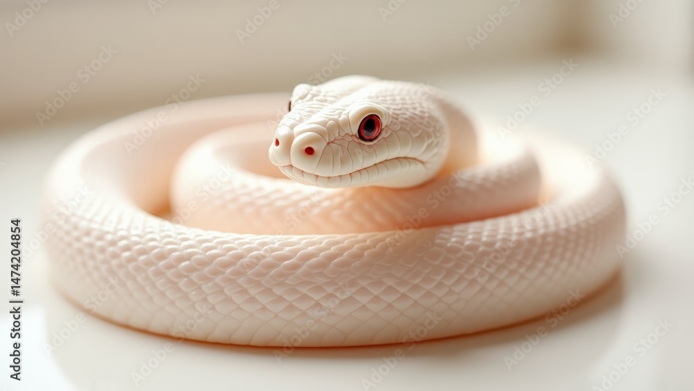 Fototapeta premium White snake resting in a curled position indoors