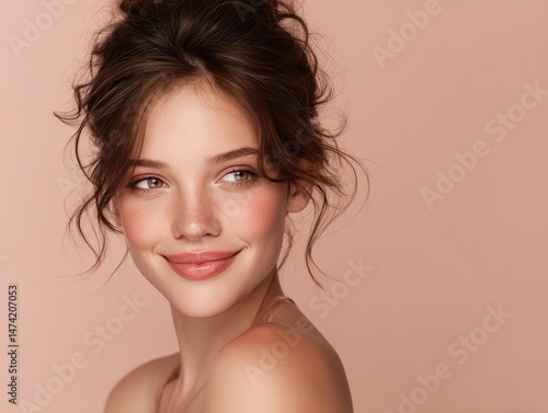 Wallpaper Mural Supermodel with soft smile and glistening eyes, quiet joy, isolated on powder blush background Torontodigital.ca