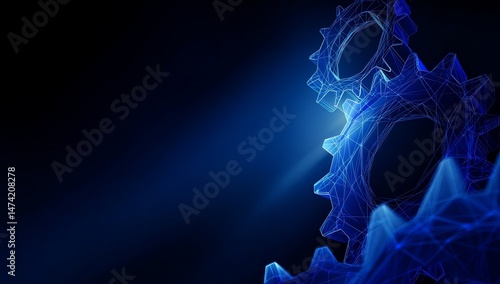 Gear wireframe set against a dark blue background, representing mechanical technology in the context of business development