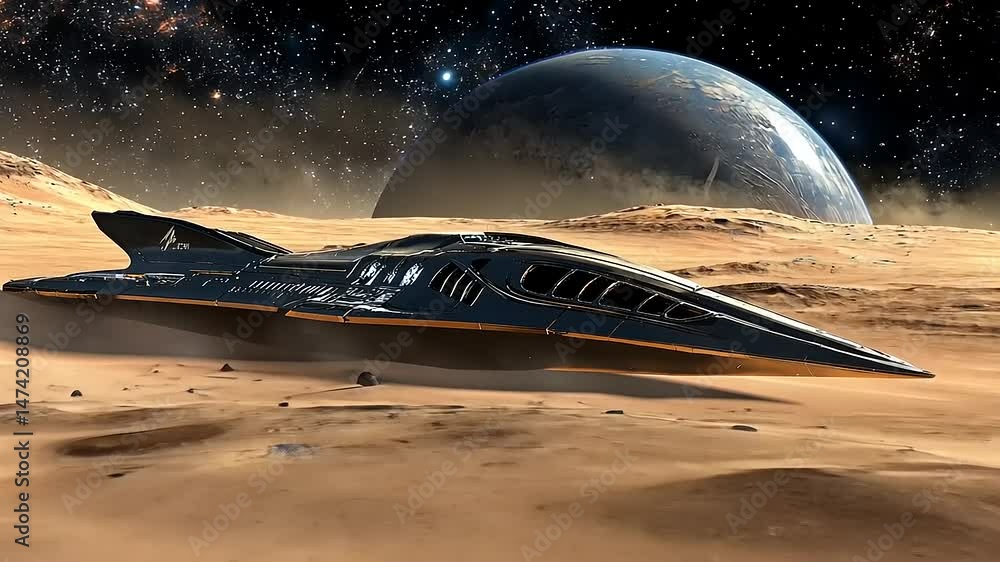 Futuristic spacecraft landing on a barren alien landscape under a distant planet Futuristic spacecraft landing on a barren alien landscape under a distant planet
