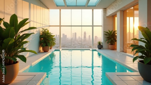 Luxurious indoor pool with city skyline at sunset