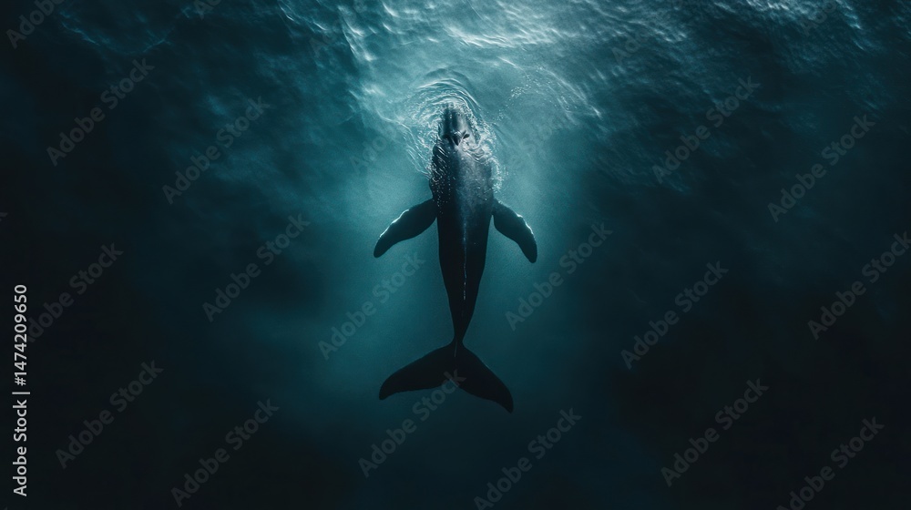 Fototapeta premium Majestic whale surfacing in deep ocean depths.