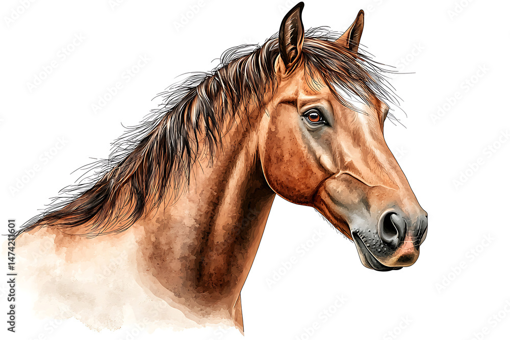Fototapeta premium Watercolor illustration of a chestnut horse's head with a white blaze against a white background.