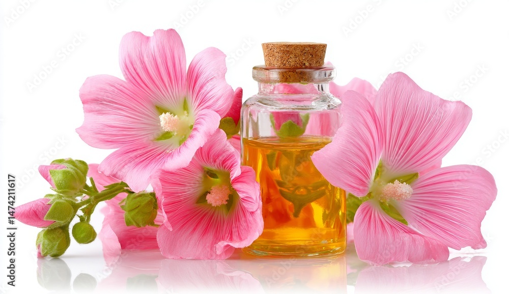 A spa setting with Malva sylvestris, known as mallow flowers, accompanied by Bach flowers A spa setting with Malva sylvestris, known as mallow flowers, accompanied by Bach flowers