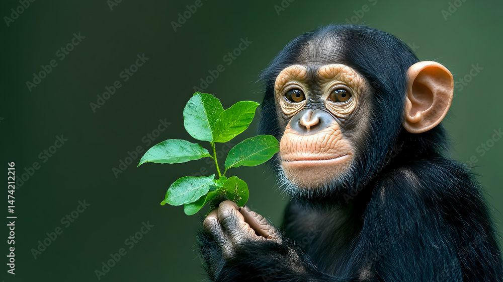 A young chimpanzee gently holds a sprig of green leaves against a blurred green background A young chimpanzee gently holds a sprig of green leaves against a blurred green background