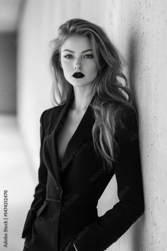 Fototapeta premium Monochrome Portrait of a Young Woman in a Black Blazer