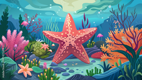 image of a fantasy sea star blending with pink coral and flowers on the ocean floor in a serene underwater scene