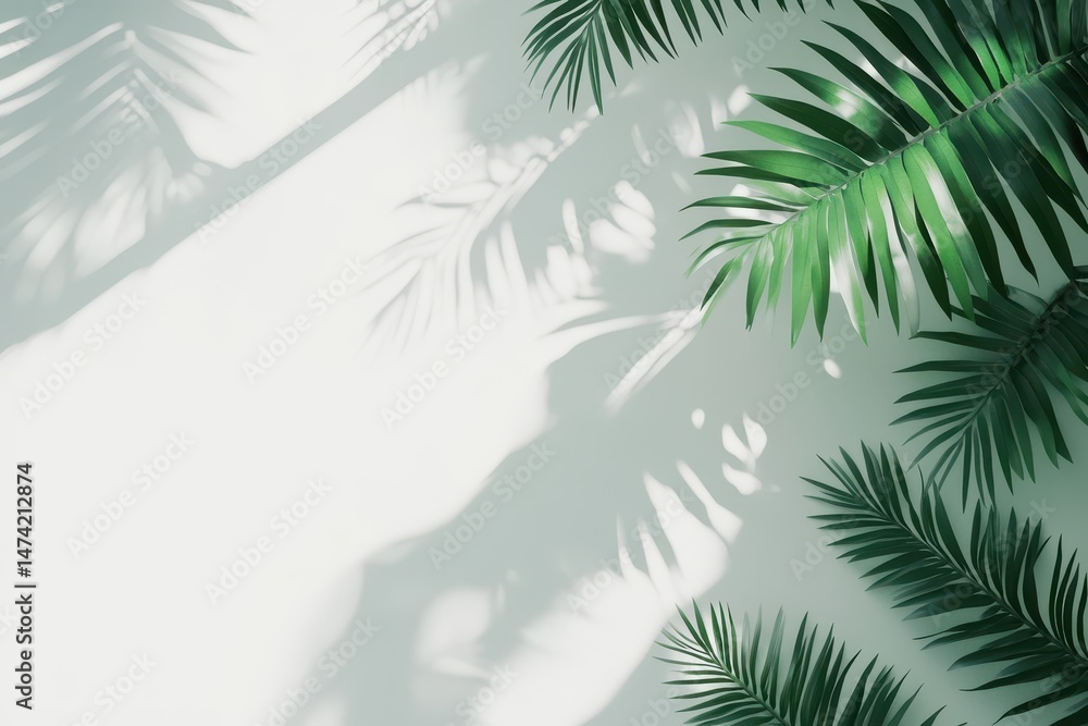 Obraz premium Palm leaves cast shadows on a light green wall surface. Use it for backgrounds, summer themes, or tropical designs.