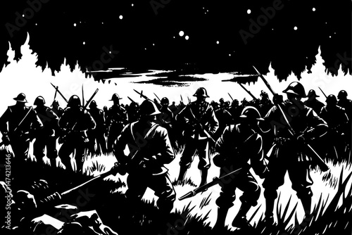 the challenges of navigating a battlefield at night with limited visibility. linocut vector