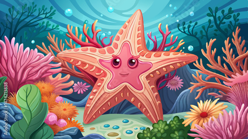 image of a fantasy sea star blending with pink coral and flowers on the ocean floor in a serene underwater scene