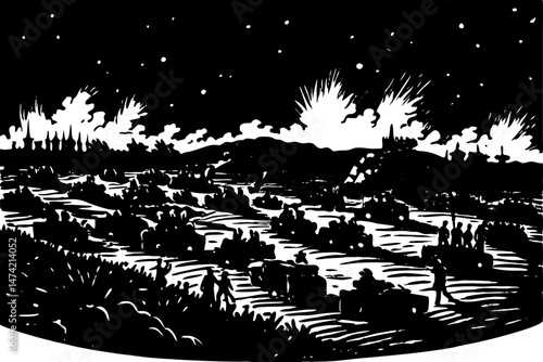 the challenges of navigating a battlefield at night with limited visibility. linocut vector