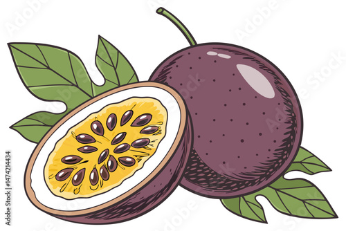 149 passion fruit, tropical fruit, juicy, vivid colors, vibrant, realistic, high-resolution, photorealistic