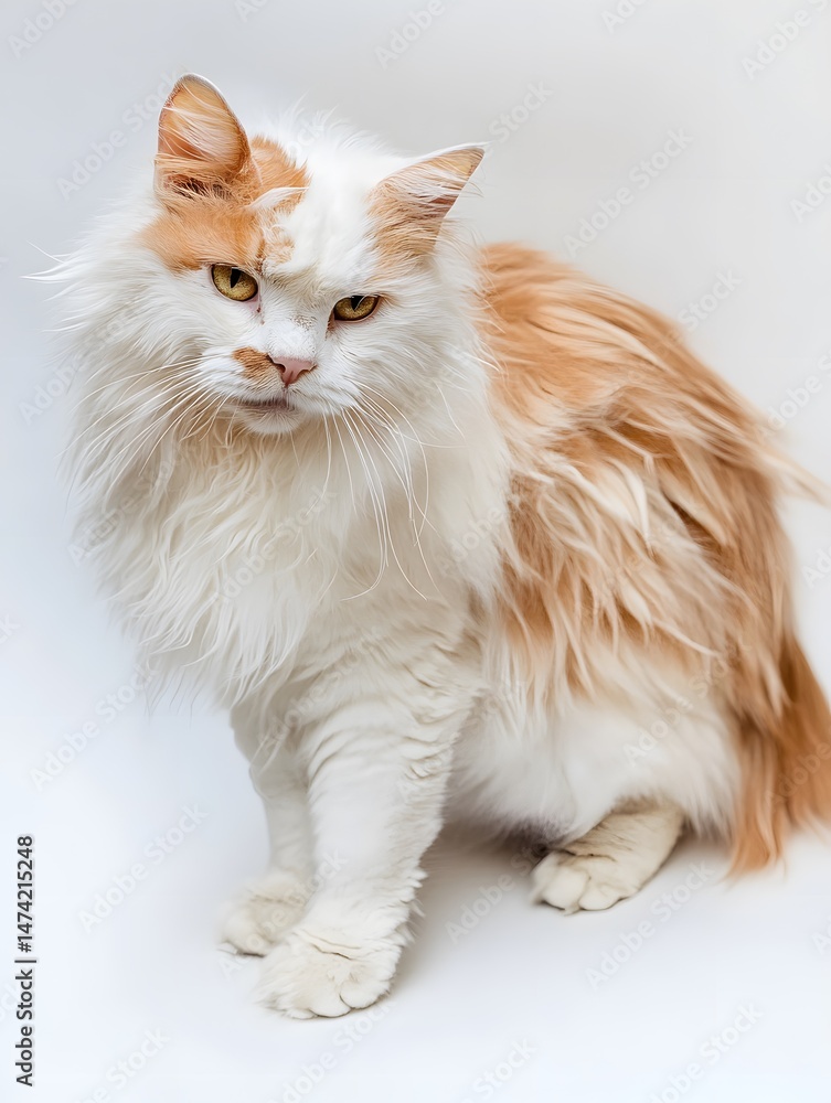 Obraz premium Adorable Fluffy Orange and White Purebred Domestic Cat Portrait – Happy Furry Feline with Vibrant Whiskers and Playful Paws in Serene Indoor Setting