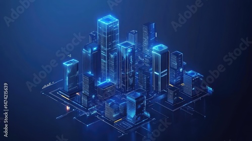 Isometric view of a futuristic city with glowing blue outlines on a dark blue background design style