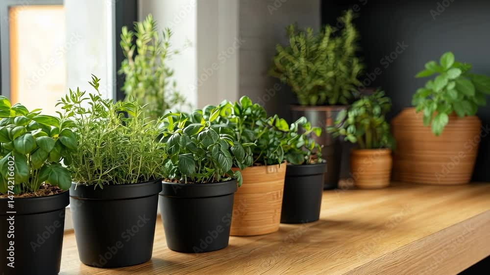 A selection of fresh herbs on a wooden kitchen table A selection of fresh herbs on a wooden kitchen table
