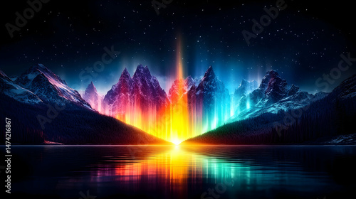 Wallpaper Mural Vibrant aurora borealis illuminates majestic snow-capped mountains reflected in a still lake under a starlit sky Torontodigital.ca