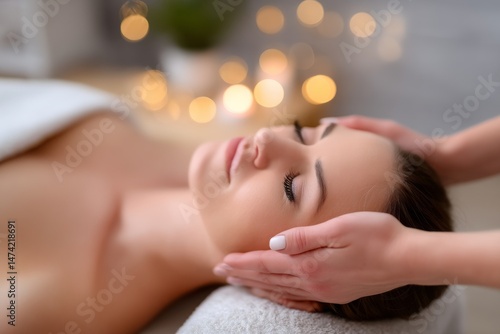 The image shows a relaxed female from the side as she experiences alternative ayurvedic Marma therapy during her massage in the spa salon