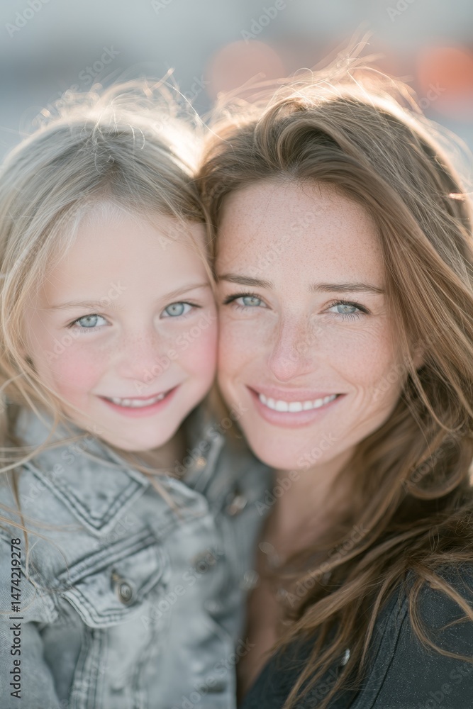 Obraz premium The scene of a daughter embracing her mother in the park captures a weekend walk in an autumn park with selective focus and a noise effect
