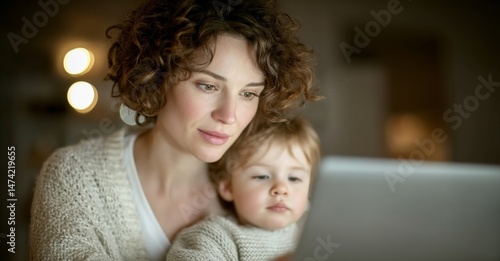 A serious writer and mother, accompanied by her toddler, works on a project for her blog, utilizing a screen to edit and research, all from the comfort of her own home